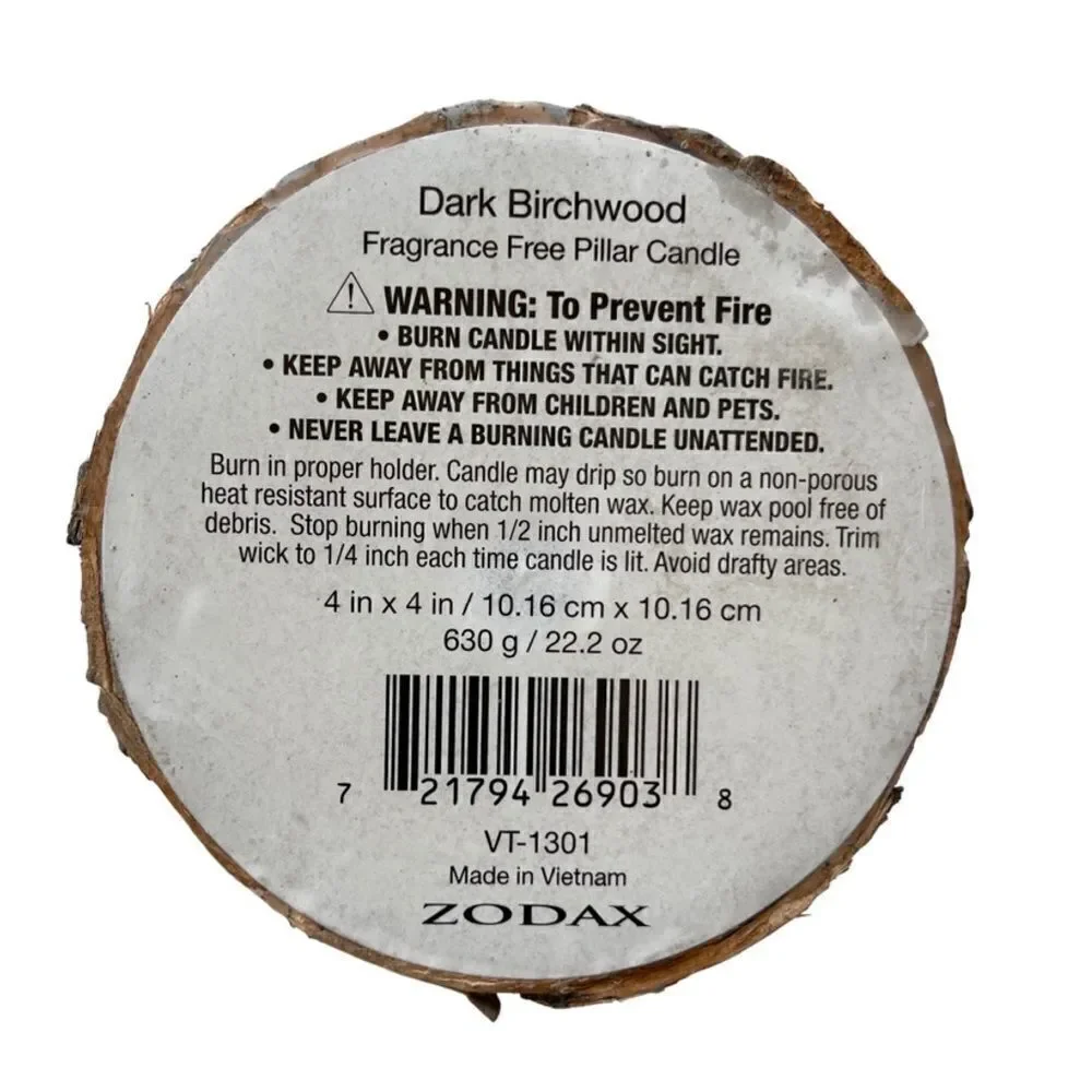 Zodax Dark Birchwood Fragrance Free Pillar Candle • NWT